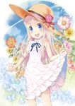  ano_hi_mita_hana_no_namae_wo_bokutachi_wa_mada_shiranai. blue_eyes bug butterfly cover cover_page doujin_cover dress floral_background flower hat hat_flower honma_meiko insect long_hair open_mouth ribbon silver_hair sleeveless sleeveless_dress smile solo sun_hat white_hair zless 