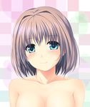  amicis bangs blue_eyes blush brown_hair checkered checkered_background collarbone eyebrows_visible_through_hair eyes_visible_through_hair face looking_at_viewer nude original short_hair simple_background smile solo upper_body 