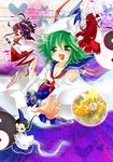  4girls ascot black_hair blonde_hair blood breasts brown_eyes chibi cleavage closed_eyes cup ghost_tail glint green_eyes green_hair happy hat head_wings heart horn horns ichigo_(strawberry) kikuri_(touhou) konngara medium_breasts mima multiple_girls open_mouth ponytail purple_eyes purple_hair red_eyes red_hair sakazuki shingyoku smile sword tate_eboshi touhou touhou_(pc-98) weapon wide_sleeves wizard_hat yin_yang 