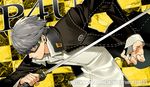  glasses grey_hair jacket katana male_focus narukami_yuu persona persona_4 persona_4:_the_ultimate_in_mayonaka_arena ryota-h solo sword weapon 