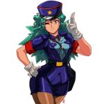  1girl 90s ;) bag between_breasts blue_skirt breasts brown_eyes commentary cowboy_shot creatures_(company) david_liu english_commentary epaulettes female_service_cap game_freak gen_1_pokemon gloves green_hair hand_on_hip hat highres junsaa_(pokemon) long_hair looking_at_viewer medium_breasts nintendo one_eye_closed pantyhose pencil_skirt pokemon pokemon_(anime) police police_uniform policewoman salute shiny shiny_clothes skirt smile solo spiked_hair strap_cleavage two-finger_salute uniform white_background white_gloves wide_hips 
