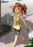  denim denim_shorts flower green_eyes hair_flower hair_ornament idolmaster idolmaster_(classic) one_eye_closed open_mouth orange_hair rokusyo shorts solo takatsuki_yayoi tank_top twintails 