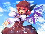  :d animal_ears blush bow dress fang haneten_kagatsu happy_birthday hat musical_note mystia_lorelei open_mouth red_eyes red_hair short_hair smile solo touhou wings 