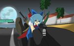  advent_cirno blue_eyes blue_hair bow cirno full_moon grand_theft_auto ground_vehicle hair_bow long_sleeves moon motor_vehicle motorcycle puffy_sleeves road short_sleeves solo sword touhou toys_(pixiv) tree weapon 