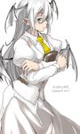  alternate_color alternate_hair_color aqua_eyes bat_wings belt bespectacled book demon_wings glasses head_wings koakuma long_hair long_sleeves necktie oso_(toolate) pointy_ears puffy_sleeves simple_background solo touhou white_background white_hair wings yellow_neckwear 