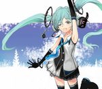  aqua_eyes aqua_hair armpits bracelet hatsune_miku headphones jewelry long_hair necktie one_eye_closed open_mouth outstretched_arms sasurai_susuki solo thighhighs twintails vocaloid 
