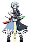  adapted_costume advent_cirno blue_eyes blue_hair bow cirno gloves hair_bow highres long_sleeves puffy_sleeves short_hair short_sleeves smirk solo standing sword t_tsubasa touhou weapon 