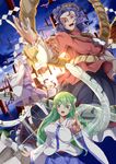  blonde_hair detached_sleeves eyes frog_hair_ornament ginko_(nico) gohei green_eyes green_hair hair_ornament hair_tubes hat kochiya_sanae long_hair long_sleeves mirror mishaguji moriya_suwako multiple_girls onbashira open_mouth red_eyes rope shimenawa short_hair sky snake sunset thighhighs tongue touhou white_legwear wide_sleeves yasaka_kanako 