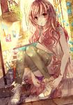 :&lt; absurdres art_brush bare_shoulders brown_hair hair_ornament hairclip highres long_hair looking_at_viewer mouth_hold notebook nozomi_fuuten original paintbrush pink_hair red_eyes revision shoes sitting sitting_on_stairs sneakers solo stairs striped striped_legwear sunlight thighhighs tying vertical-striped_legwear vertical_stripes 