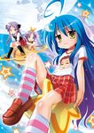  :3 blue_hair cover cover_page doujin_cover full_moon hair_ribbon hiiragi_kagami hiiragi_tsukasa izumi_konata long_hair lucky_star moon multiple_girls plaid plaid_skirt purple_eyes purple_hair ribbon saturn school_uniform shirt siblings sisters skirt socks star striped striped_legwear t-shirt twins twintails yellow_eyes zless 