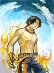  1boy belt black_hair blue_sky cloud fire jewelry male male_focus muscle necklace one_piece outdoors portgas_d_ace shorts sky solo standing topless 
