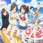  4girls :d badminton_racket bare_shoulders bikini black_hair breasts brown_eyes brown_hair cleavage cloud day hair_ornament highres innertube maeda_atsuhiro medium_breasts miyamoto_konatsu multicolored multicolored_stripes multiple_boys multiple_girls navel ocean official_art okita_sawa okita_shiho open_mouth outdoors polka_dot racket sakai_wakana screencap short_hair sky smile striped striped_bikini striped_swimsuit surfboard swimsuit tanaka_taichi tari_tari water 