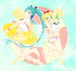  2girls aqua_eyes aqua_hair blonde_hair coma_(fginiy) feet green_eyes hair_ornament hairclip hatsune_miku innertube kagamine_rin long_hair midriff multiple_girls open_mouth sailor_collar see-through twintails very_long_hair vocaloid water_gun 