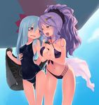  :d between_breasts bikini blue_hair blush breasts chandelure covered_nipples gen_5_pokemon hair_ornament holding homura_subaru hydreigon long_hair medium_breasts multiple_girls navel one-piece_swimsuit open_mouth personification pokemon ponytail purple_hair red_eyes revision small_breasts smile swimsuit towel wet yellow_eyes 