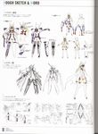  absurdres ass bare_shoulders blazblue blonde_hair blue_eyes cape character_sheet concept_art forehead_protector halterneck highres long_hair mecha_musume mu-12 navel navel_cutout necktie robot_ears scan sketch solo sword thighhighs toeless_legwear translation_request weapon white_legwear 