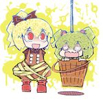  alternate_eye_color bad_id bad_pixiv_id blonde_hair bow bucket denkiusagi green_hair hair_bobbles hair_bow hair_ornament in_bucket in_container kisume kurodani_yamame multiple_girls open_mouth ponytail puffy_sleeves red_eyes rope short_hair silver_eyes touhou twintails wooden_bucket 