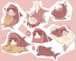  1girl angry blush_stickers eating fang food kubikitsune mahou_shoujo_madoka_magica minimized open_mouth poking red_eyes red_hair sakura_kyouko shark sleeping spoken_squiggle squiggle struggling taiyaki wagashi zzz 