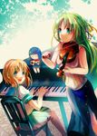  accompaniment az_(shotatteiiyone) bad_id bad_pixiv_id bare_shoulders blue_eyes blue_hair chair controller famicom furude_rika game_console game_controller green_eyes green_hair hair_ribbon half_updo higurashi_no_naku_koro_ni instrument long_hair multiple_girls orange_hair piano ribbon ryuuguu_rena sailor_collar school_uniform serafuku short_hair skirt smile sonozaki_shion violin 