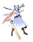  advent_cirno ascot bag belt blue_eyes blue_hair bow cirno cross-laced_footwear dual_wielding hair_bow highres holding m134 puffy_sleeves short_hair short_sleeves solo standing sword touhou weapon white_background 
