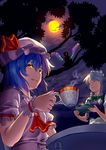  3girls ascot blew_andwhite blue_hair bow braid closed_eyes cloud cup fang flandre_scarlet full_moon glowing glowing_eye hair_bow hat hat_ribbon izayoi_sakuya maid maid_headdress moon multiple_girls open_mouth puffy_sleeves red_eyes remilia_scarlet ribbon short_hair short_sleeves silver_hair sky smile table teacup teapot touhou tray tree twin_braids wings wrist_cuffs yellow_eyes 