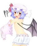  1girl bad_id bad_pixiv_id bare_shoulders bat_wings bloomers blue_hair blush fang hat hat_ribbon open_mouth red_eyes remilia_scarlet ribbon short_hair solo taka_(taka1234) touhou underwear undressing white_background wings 