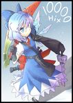  adapted_costume advent_cirno ahoge blue_eyes blue_hair cirno dual_wielding gloves holding ice ice_wings long_sleeves senhaku short_hair short_sleeves solo sword touhou weapon wings 