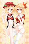  2girls aki_minoriko aki_shizuha blonde_hair female hair_ornament hat hoozuki_shia multiple_girls navel no_panties orange_eyes siblings sisters thighhighs tongue touhou 