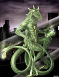  cityscape dragon evening glowing green green_scales hexdragon male multi_limb multiple_arms multiple_tails nude rukis sheath solo 