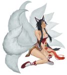  ahri animal_ears bare_shoulders black_hair braid breasts cleavage fox_ears fox_tail full_body korean_clothes large_breasts league_of_legends long_hair multiple_tails single_braid socks solo strapless tail tassel transparent_background whiskers yellow_eyes yoyo_(harapeko) 