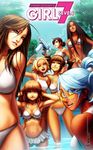  aqua_hair bangs bikini blue_sky breasts brown_eyes brown_hair cleavage cover dark_skin day girl7 hand_on_hip hands_in_hair highres long_hair looking_at_viewer medium_breasts multiple_girls navel o-ring o-ring_bottom o-ring_top omar_dogan one_eye_closed open_mouth original parted_lips ponytail short_hair signature silver_eyes sky smile sunglasses swimsuit tank_top thigh_gap tree twintails victory_pose wading water water_gun 
