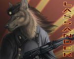  canine lassander male mammal portrait pose ranged_weapon rukis solo uniform weapon wolf 