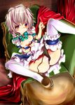  black_panties blush braid breasts breasts_outside censored couch heart indoors izayoi_sakuya kanoe maid maid_headdress nipples panties panty_pull red_eyes shoes short_hair silver_hair small_breasts solo spread_legs thighhighs touhou twin_braids underwear white_legwear 