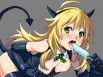  ahoge bare_shoulders bent_over blonde_hair blush breasts cleavage demon_tail elbow_gloves food fujimon gloves green_eyes horns hoshii_miki idolmaster idolmaster_(classic) long_hair looking_at_viewer medium_breasts messy_hair open_mouth popsicle saliva sexually_suggestive simple_background solo tail thighhighs tongue 