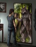  biceps canine fur human indoor male mammal muscles nude pecs photo reflection rukis solo wolf yellow_eyes 