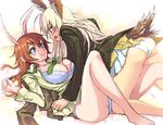  animal_ears bird_tail blonde_hair blue_eyes blush bra breasts bunny_ears butt_crack charlotte_e_yeager hanna-justina_marseille head_wings large_breasts md5_mismatch michairu military military_uniform multiple_girls open_clothes open_mouth open_shirt orange_hair panties shirt skirt strike_witches sweat tail underwear uniform world_witches_series yuri 