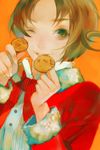  ahoge axis_powers_hetalia bad_deviantart_id bad_id brown_eyes brown_hair character_print cookie food germany_(hetalia) highres japan_(hetalia) kidchan looking_at_viewer male_focus northern_italy_(hetalia) one_eye_closed pale_skin parted_lips short_hair smile solo upper_body 