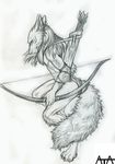  arctic_fox bow bow_(weapon) canine fox hair long_hair male mammal monochrome nude plain_background pose ranged_weapon rukis solo weapon white_background 