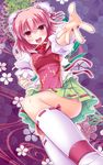  bandages blush breasts bun_cover chinese_clothes double_bun flower ibaraki_kasen medium_breasts open_mouth outstretched_arm outstretched_hand pink_eyes pink_hair rose short_hair skirt smile solo tabard touhou yanagi_akane_(yousei_kinoko) 