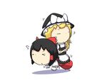  &gt;_&lt; :&lt; apron black_dress black_hair blonde_hair braid chibi closed_eyes crossed_arms dress exercise flying girl_on_top hair_ribbon hair_tubes hakurei_reimu hat hat_ribbon kirisame_marisa long_hair long_sleeves multiple_girls potaaju push-ups ribbon riding shirt short_hair short_sleeves sitting sitting_on_person skirt touhou waist_apron witch_hat 