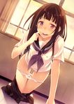  :d all_fours black_hair blush chitanda_eru collarbone finger_to_mouth hair_in_mouth hyouka inato_serere looking_at_viewer open_mouth panties panty_pull pink_eyes pussy_juice school_uniform skirt skirt_pull smile solo sweat underwear white_panties 