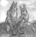  canine clothing couple duo fennec fox grass male mammal marcus monochrome outside reis rukis shirt sitting smile wolf 