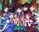 &gt;_&lt; 6+girls :t animal_ears antennae bird_wings blonde_hair blue_eyes blue_hair blush bow cirno closed_eyes collarbone crystal daiyousei detached_wings fairy_wings fingernails green_hair hair_ribbon hat hat_bow heart heart-shaped_pupils highres hoshika_ranoe ice ice_wings komeiji_koishi long_sleeves multiple_girls mystia_lorelei odd_one_out open_mouth origami outstretched_arms pantyhose paper_crane pink_hair puffy_sleeves purple_eyes red_eyes ribbon rumia sharp_fingernails short_hair short_sleeves side_ponytail smile standing symbol-shaped_pupils third_eye touhou tree wings wriggle_nightbug 