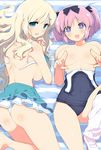  :d aqua_eyes ass backboob blonde_hair bra breasts covering_nipples hibari_(senran_kagura) large_breasts lying multiple_girls official_art on_back one-piece_swimsuit open_mouth pink_hair school_swimsuit senran_kagura senran_kagura_shoujo-tachi_no_shin'ei short_twintails smile swimsuit symbol-shaped_pupils twintails underwear yaegashi_nan yomi_(senran_kagura) 