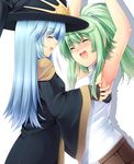  bad_id bad_pixiv_id blue_hair blush breasts closed_eyes collar duel_monster gishki_ariel green_hair hair_ornament hat jewelry komimiyako laughing long_hair medium_breasts multiple_girls open_mouth ponytail smile tears tickling winda_priestess_of_gusto yuu-gi-ou 