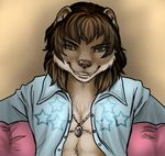  brown_eyes brown_fur brown_hair brown_nose brown_theme clothed clothing ermine fangs ferret fur hair long_hair looking_at_viewer male mammal medallion mustelid neil open_shirt plain_background rukis shirt sitting smirk sofa solo stars teeth 