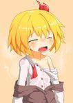  ascot blonde_hair blush closed_eyes fan fang hecchi_(blanch) off_shoulder open_mouth rumia shirt short_hair solo steam sweat touhou wet wet_clothes wet_shirt 