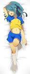  blue_hair brown_eyes dakimakura hair_over_one_eye highres inazuma_eleven inazuma_eleven_(series) kazemaru_ichirouta long_hair lying male_focus midriff natsuko_(bluecandy) on_back raimon smile soccer_uniform socks sportswear 