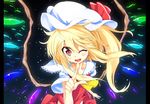  ascot blonde_hair collarbone crystal fang flandre_scarlet hat hat_ribbon open_mouth red_eyes ribbon short_sleeves side_ponytail solo touhou wings yuuki._(limit) 