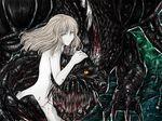  artoria_pendragon_(all) bared_teeth blonde_hair blood dark_persona dragon fate/stay_night fate_(series) highres horns hug long_hair mana_transfer_dragon nude pale_skin saber_alter slit_pupils tusia yellow_eyes 