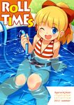  2012 ;d bikini blonde_hair blue_eyes blush character_name cover cover_page hair_ribbon holding hose inou_shin long_hair looking_at_viewer navel one_eye_closed open_mouth partially_submerged ponytail ribbon rockman rockman_(classic) roll smile solo striped swimsuit wading_pool water 